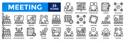 Meeting icons collection. Contains interview, seminar, audience, conference, discussion, presentation icons. Simple line vector illustration.