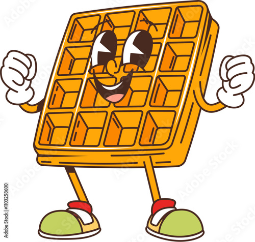 Groovy retro cartoon Belgian waffle character with happy face and funny smile, vector dessert emoji. Groovy Belgian waffle with cool yummy gesture and happy laughing for sweet pastry cartoon character