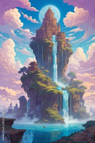 illustration of a floating island , painting style photo