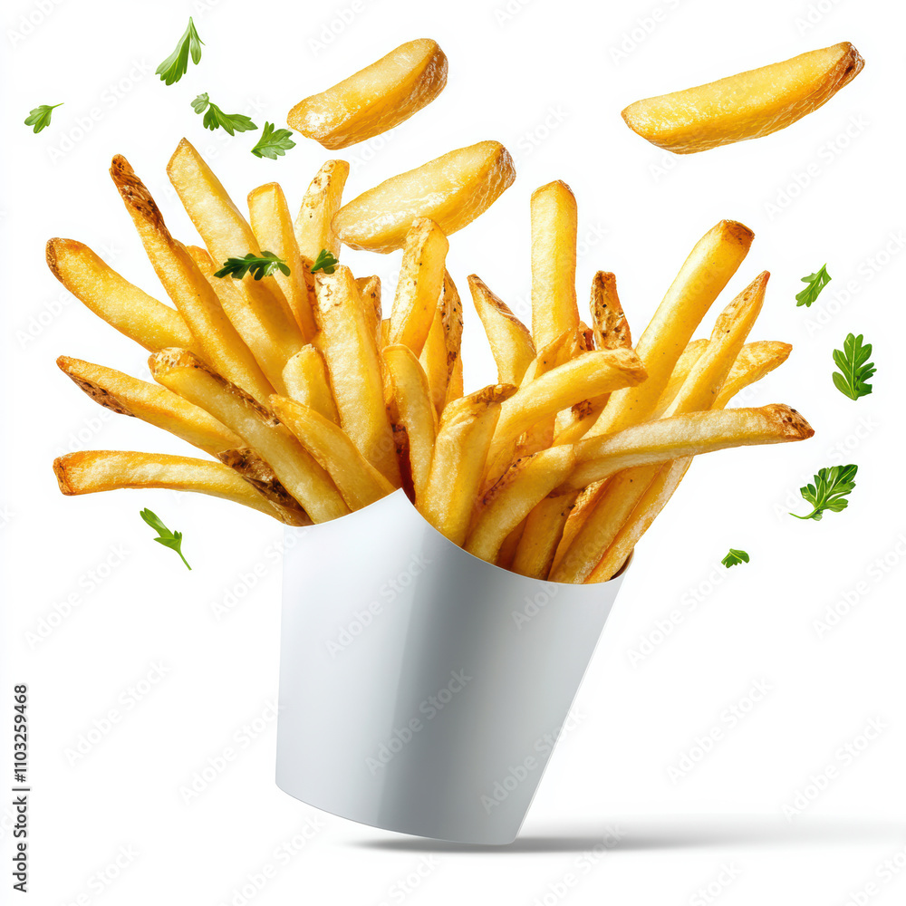 French fries flying in air isolated on white background. French fries flying in air isolated on white background.