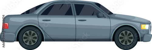 A silver car with black wheels is parked on a white background