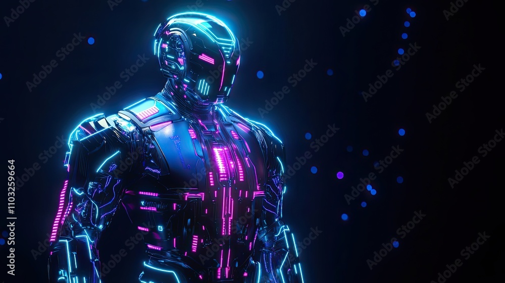 Neon Lit Futuristic Robot Stands In Darkness Neon Lit Futuristic Robot Stands In Darkness