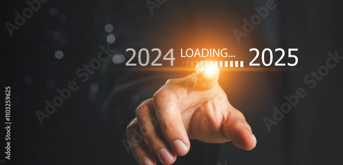 Trends 2025 year concept. trends in 2025 with a loading bar, Trends of SEO 2025, trend for marketing monitor, business planning in new year. Analytical businessman planning business growth 2025 photo