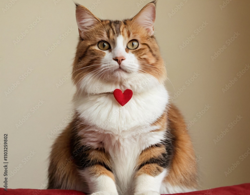 Obraz premium A cat with a heart-shaped patch of fur on its chest, sitting gracefully. Ai generated image.