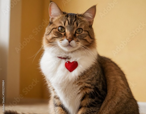 A cat with a heart-shaped patch of fur on its chest, sitting gracefully. Ai generated image.