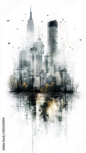 Abstract illustration of the modern city skyline emerging from the fog, with birds flying over and reflecting in water