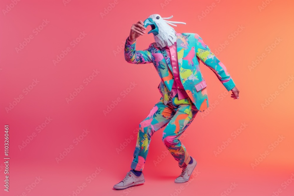 Freak in pigeon mask dancing, masquerade, absurd carnival, having fun in costume party, weird mask head Freak in pigeon mask dancing, masquerade, absurd carnival, having fun in costume party, weird mask head