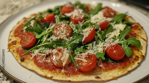 A vegetarian pizza loaded with fresh vegetables, herbs, and a golden thin crust, ideal for a healthy homemade vibe