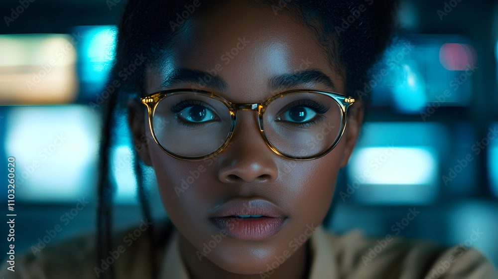 Woman with Glasses Focuses on Blue Screens Woman with Glasses Focuses on Blue Screens