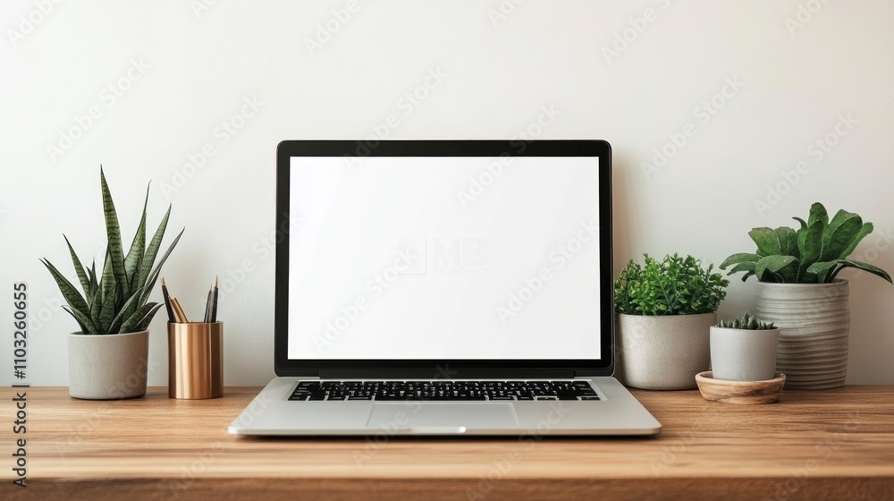 Modern Workspace with Laptop and Plants Modern Workspace with Laptop and Plants