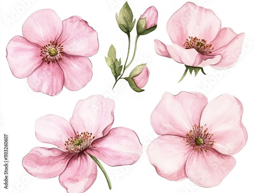 watercolour light pink flower with tufted petals collection on white background 
