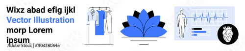 Clothing rack with hanging garments, abstract blue lotus flower, human health monitoring charts with ECG readout. Ideal for fashion, wellness, health, data analysis, e-commerce, medical education