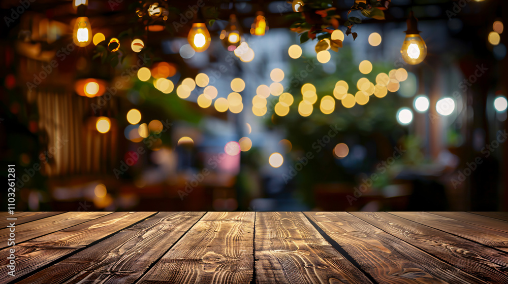 Wooden table in front of an abstract blurred restaurant lights background. Wooden table in front of an abstract blurred restaurant lights background.