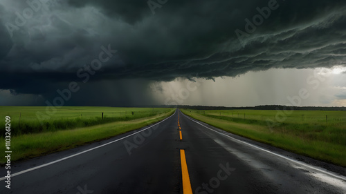 A long road with a yellow field in the background. The sky is dark and stormy. The road is empty