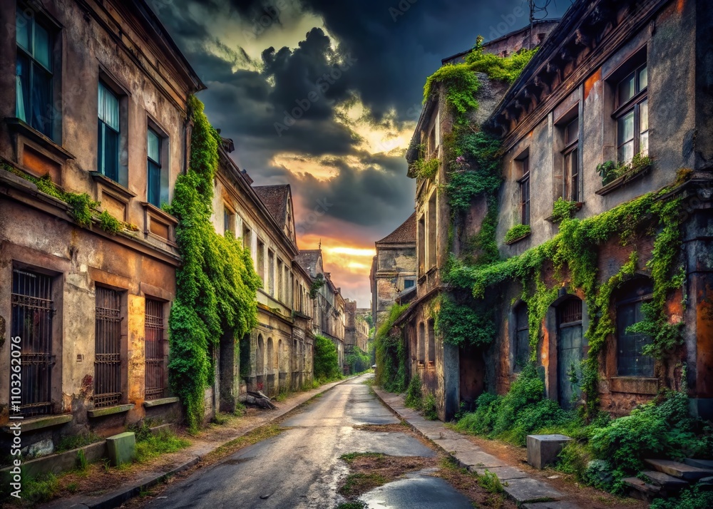 Abandoned European City Street with Overgrown Vegetation and Crumbling Facades, Evoking a Sense of Lost Time and Urban Decay, Ideal for Conceptual and Desolate Imagery Abandoned European City Street with Overgrown Vegetation and Crumbling Facades, Evoking a Sense of Lost Time and Urban Decay, Ideal for Conceptual and Desolate Imagery