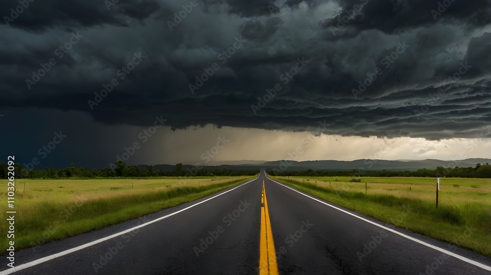 A long road with a yellow field in the background. The sky is dark and stormy. The road is empty A long road with a yellow field in the background. The sky is dark and stormy. The road is empty