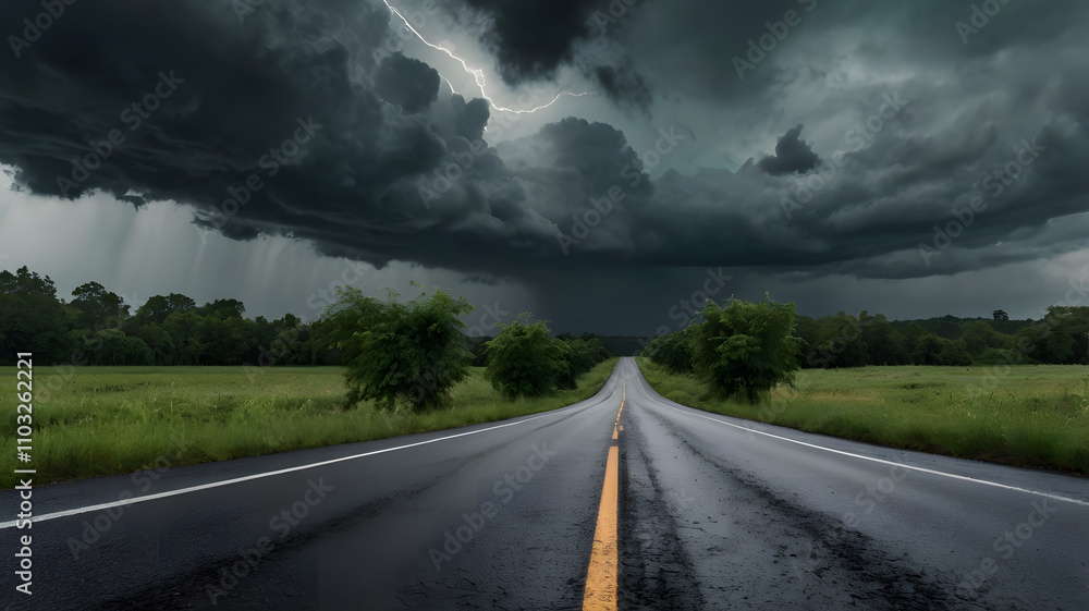 A long road with a yellow field in the background. The sky is dark and stormy. The road is empty A long road with a yellow field in the background. The sky is dark and stormy. The road is empty