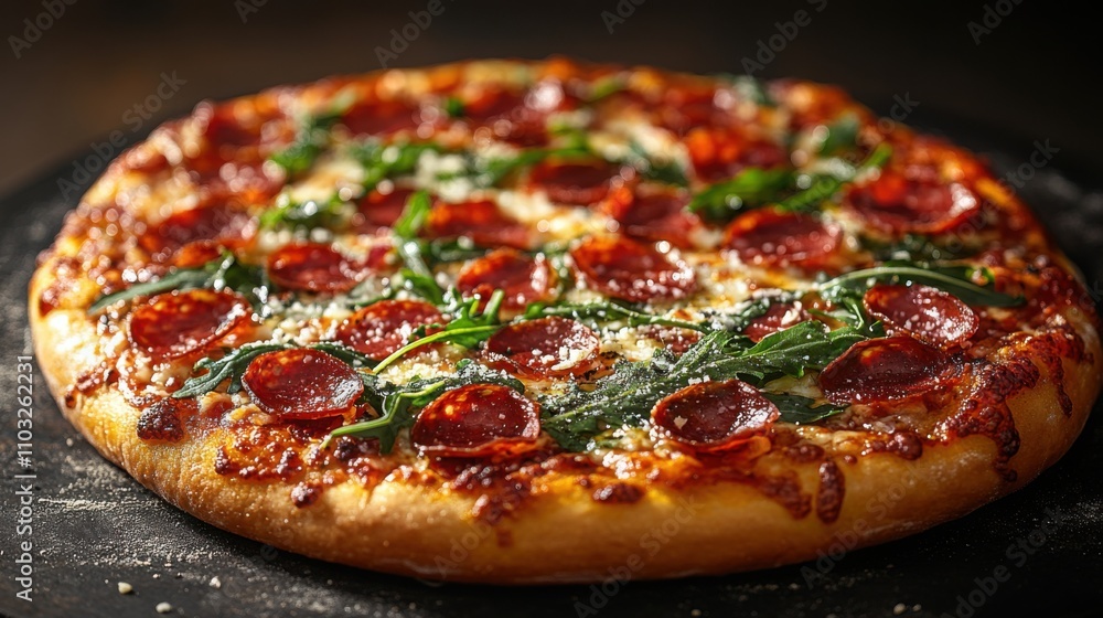 Close-up of a gourmet pizza topped with arugula, mozzarella, and a rich tomato sauce, perfect for pizza lovers Close-up of a gourmet pizza topped with arugula, mozzarella, and a rich tomato sauce, perfect for pizza lovers