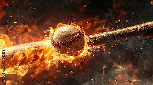 A flying baseball in a fire flame on a dark black background. Dynamic game of baseball, fast ball. Fire game. Creative baseball advertising
