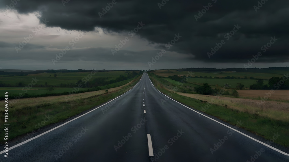Naklejka premium A long road with a yellow field in the background. The sky is dark and stormy. The road is empty