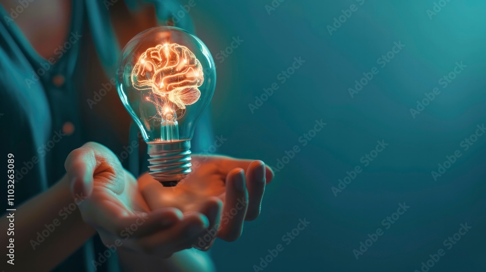Human hands holding light bulb with a glowing brain inside on plain ...