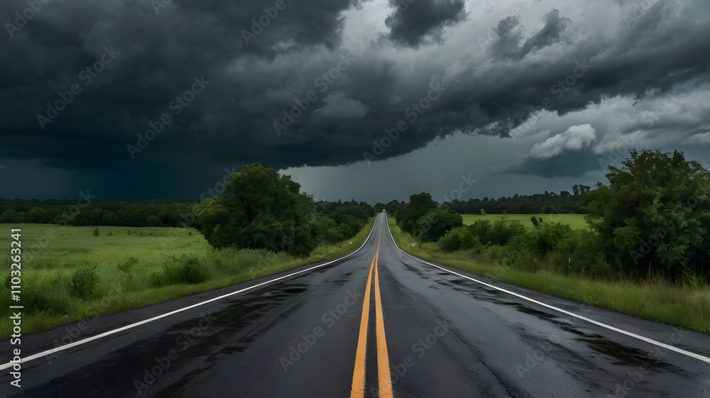 A long road with a yellow field in the background. The sky is dark and stormy. The road is empty A long road with a yellow field in the background. The sky is dark and stormy. The road is empty