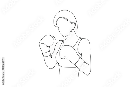Professional boxer player one line drawing. Woman doing boxing outline vector isolated on white background.	
