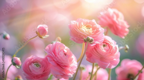 Beautiful pink ranunculus asiatica flower close up. Macro photography of ranunculus petals, delicate floral background, wallpaper