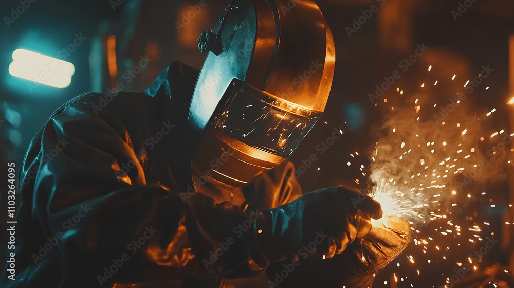 Skilled welder working on a metal structure in an industrial workshop Skilled welder working on a metal structure in an industrial workshop