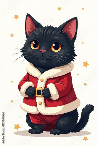 A black cat in a Santa Claus costume on a white background. 