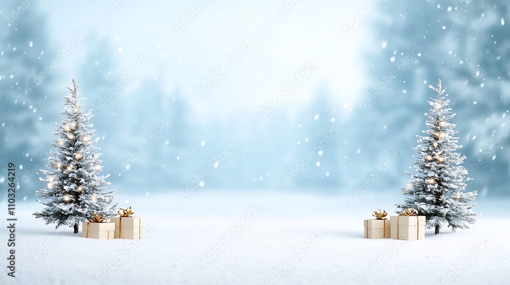 Fototapeta premium Cozy Christmas scene with two beautifully decorated Christmas trees adorned with twinkling lights and ornaments surrounded by neatly wrapped presents at the base of the trees