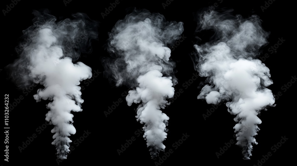 Three distinct plumes of white smoke rising against a black background creating a dramatic effect Three distinct plumes of white smoke rising against a black background creating a dramatic effect