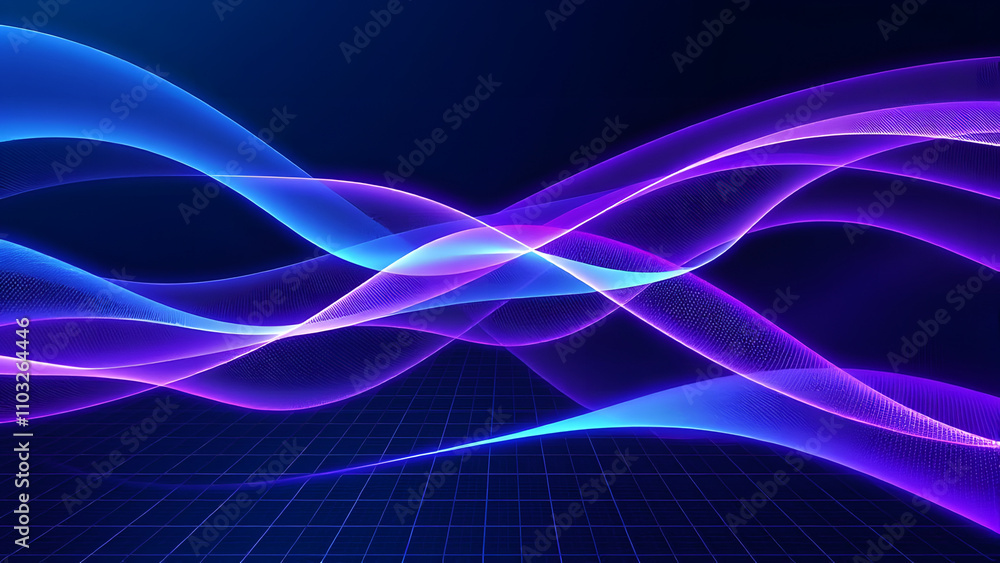 A futuristic digital background showcasing geometric waves and flowing lines, illuminated with neon blue and purple gradients against a dark, sleek backdrop, enhanced with subtle glowing grid patterns A futuristic digital background showcasing geometric waves and flowing lines, illuminated with neon blue and purple gradients against a dark, sleek backdrop, enhanced with subtle glowing grid patterns