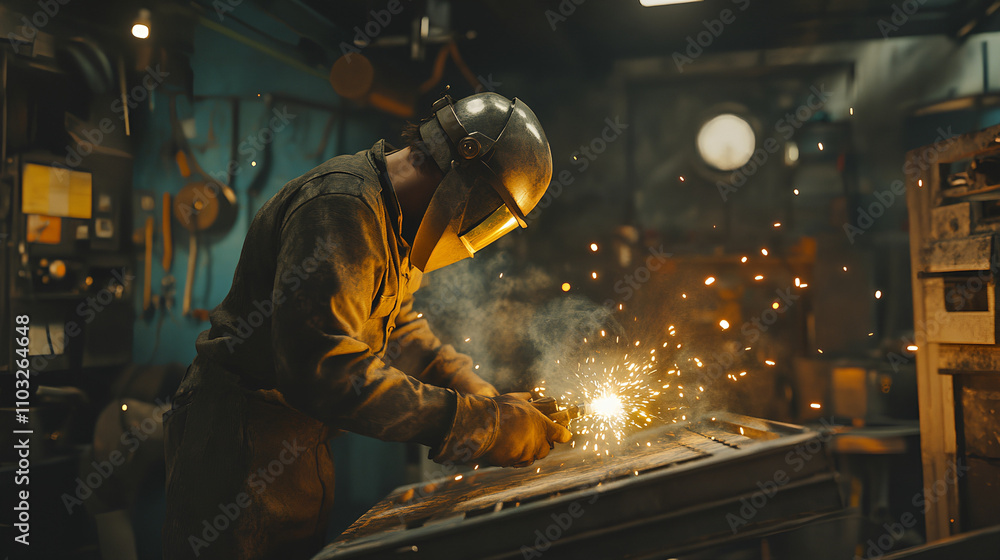 Skilled welder working on a metal structure in an industrial workshop Skilled welder working on a metal structure in an industrial workshop