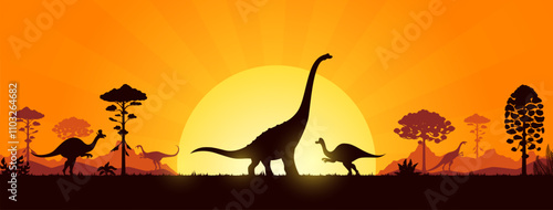 Jurassic era landscape with dinosaur silhouettes in sunset forest, vector background. Prehistoric giant lizards and reptiles silhouettes in jungle forest for kids dino world or paleontology museum
