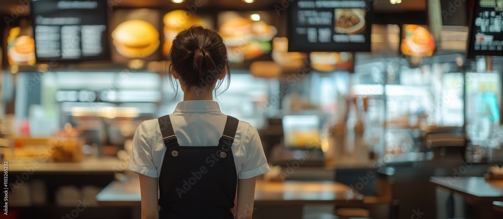 A young woman wearing a restaurant manager's uniform stands in a fast food, back view A young woman wearing a restaurant manager's uniform stands in a fast food, back view
