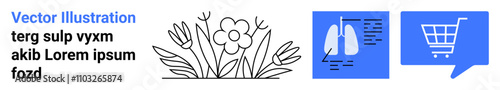 Flower illustration, lungs in a document icon, and shopping cart symbol in blue and black. Ideal for environmental, medical, e-commerce, educational, and health websites, apps, print materials