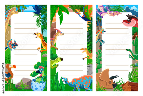 Day planner with cartoon prehistoric dinosaurs vector background frame. Funny dino animal characters on daily planner, day schedule, diary or to do list template with prehistoric nature landscape