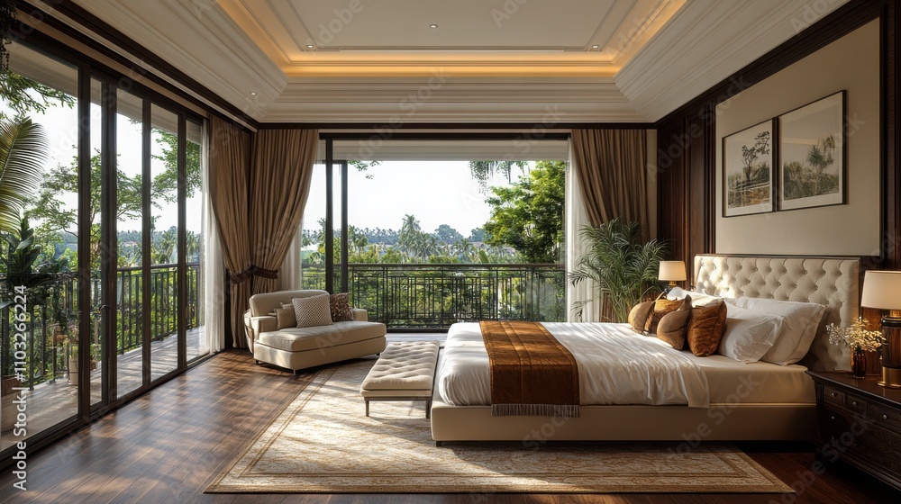 Obraz premium Modern luxurious bedroom suite with a king-size bed, plush decor, and elegant lighting for a serene, relaxing vibe