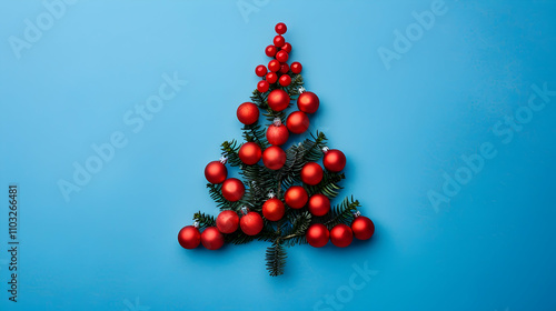 Christmas tree from red knick knack on blue background, flat lay. Vertical.