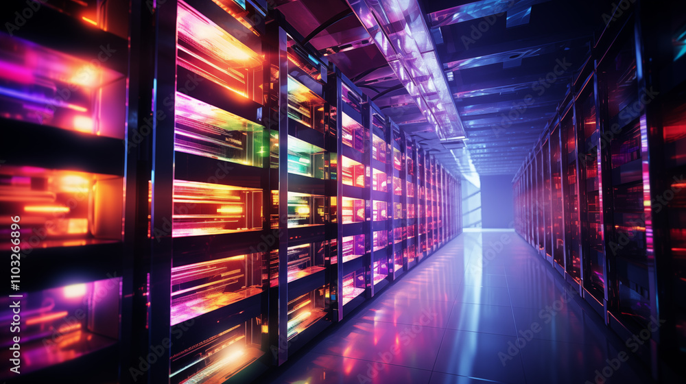 A vibrant, futuristic server room illuminated with colorful lights, showcasing rows of racks creating a high-tech atmosphere. A vibrant, futuristic server room illuminated with colorful lights, showcasing rows of racks creating a high-tech atmosphere.