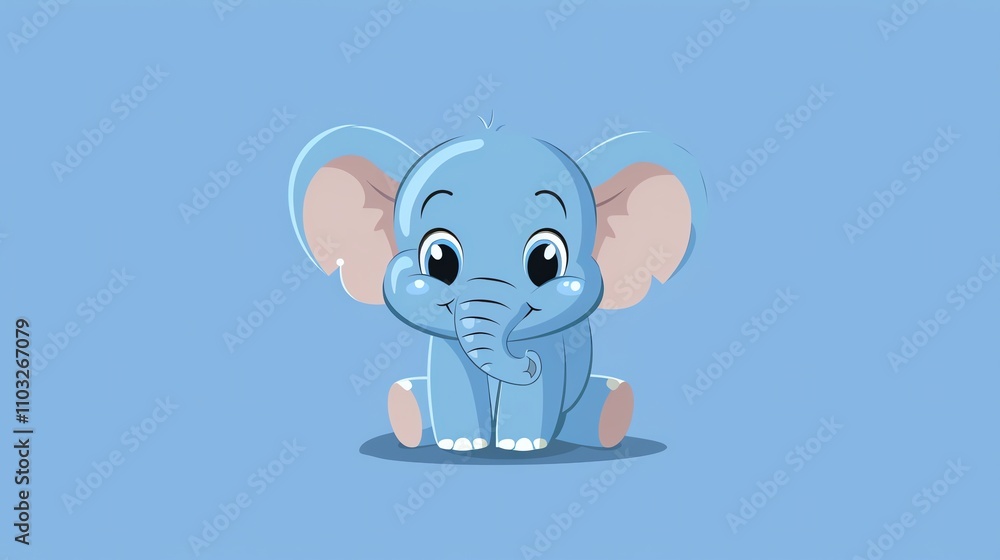 Fototapeta premium A cute cartoon baby elephant sitting on a blue background.