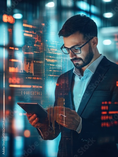 Attractive european businessman using tablet with abstract creative business charts and binary code on blurry office interior background. System engineering and digital transformation concept.