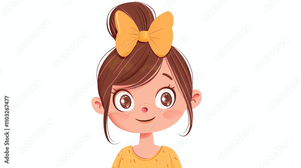 A cartoon illustration of a girl with a yellow bow in her hair, smiling. A cartoon illustration of a girl with a yellow bow in her hair, smiling.