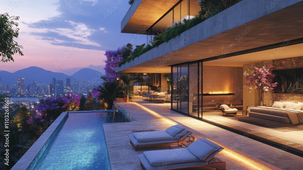 Fototapeta premium Elegant outdoor patio with modern furniture, lush greenery, and a tranquil ambiance for a luxurious outdoor living experience