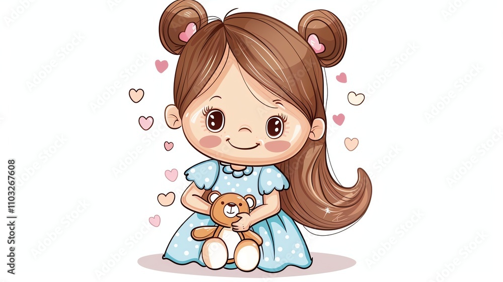 A cartoon illustration of a little girl holding a teddy bear with hearts around her. A cartoon illustration of a little girl holding a teddy bear with hearts around her.