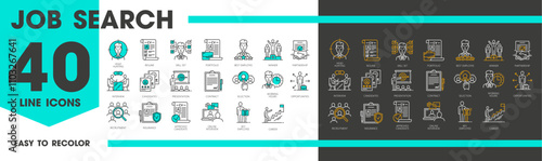 Job search line icons, recruitment and head hunting or staff education, vector pictograms. Recruitment and headhunting icons of CV resume and employee vacancy candidate interview for career ladder