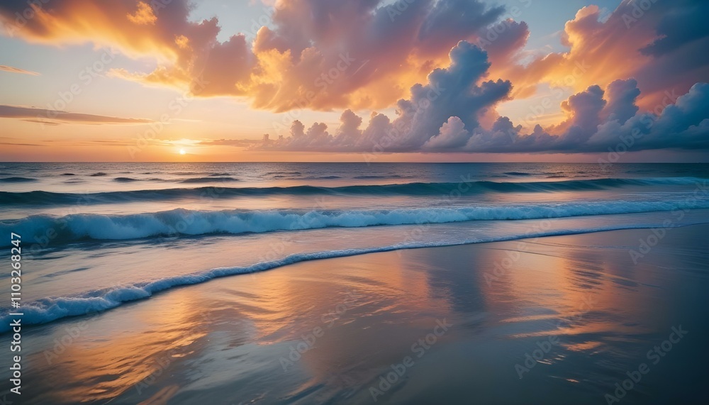 Obraz premium Una espectacular puesta de sol sobre un océano en calma, con vibrantes nubes de color naranja, amarillo y azul reflejándose en el agua tranquila. El sol se pone detrás de las nubes, creando una impres
