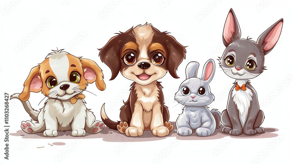 Fototapeta premium A cartoon illustration of four animals: a puppy, a bunny, and a cat.