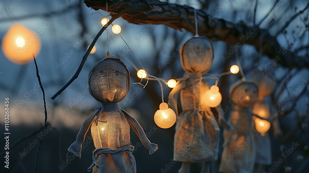 Over the grasp homemade fabric dolls with a light string at twilight Over the grasp homemade fabric dolls with a light string at twilight